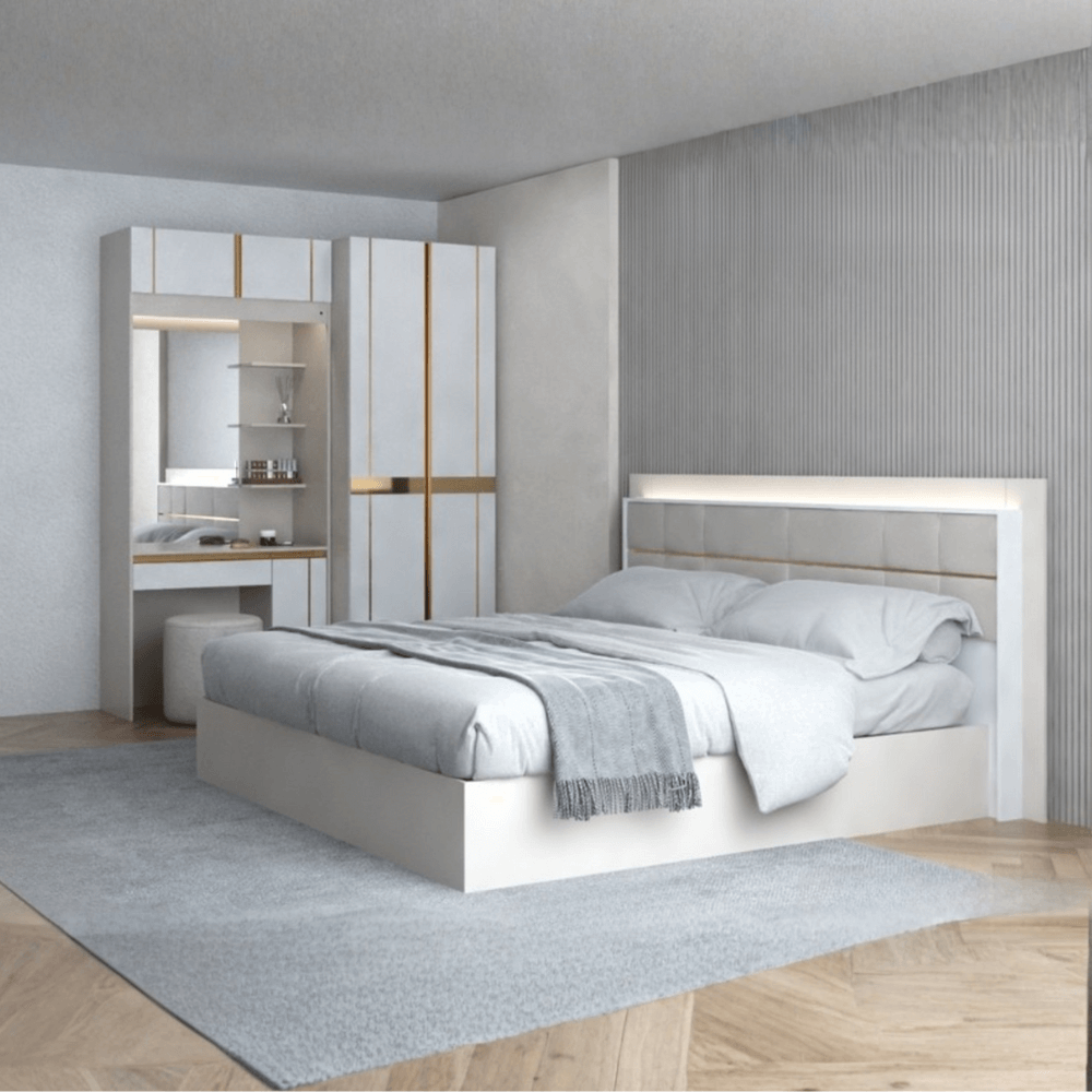 ชุดห้องนอน + ที่นอนสปริง 6 ฟุต WISDOM DESIGN FURNITURE รุ่น RACHEL80 สีขาว/ครีม